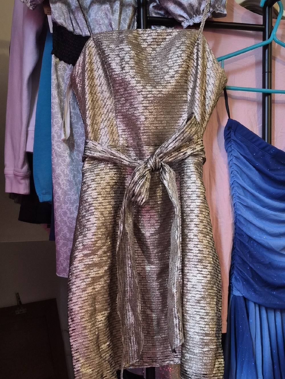 Shoshanna Metallic Gold Party Dress with Waist Tie